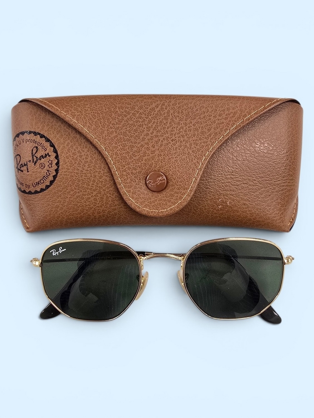 Ray-Ban Gold Hexagonal Frame Sunglasses with Dark Green Lenses